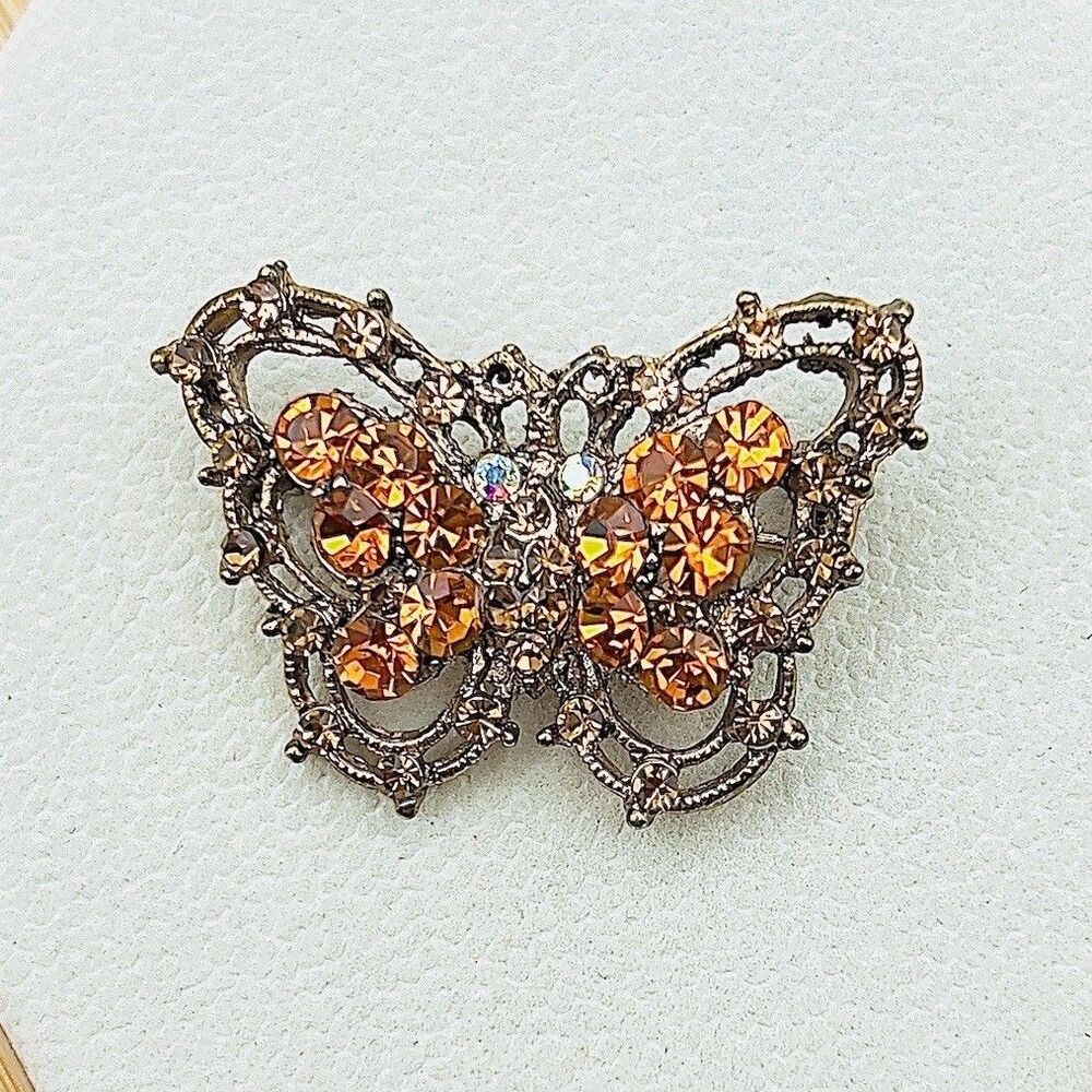 Vintage Butterfly Brooch Pin Womens Gold Tone Filigree Orange Rhinestone